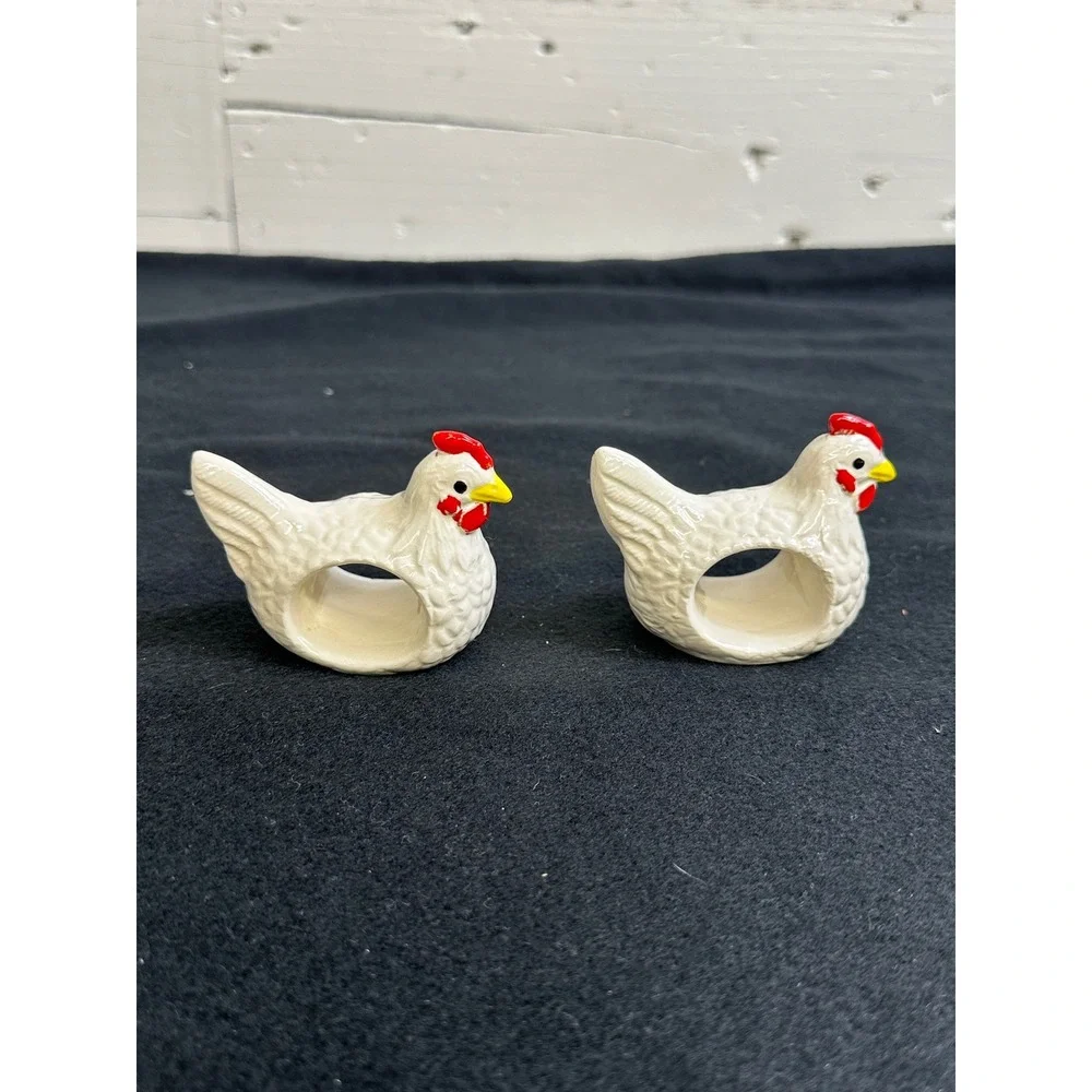 Vintage Ceramic Chicken Napkin Rings Pair White Farmhouse Hen Country Decor